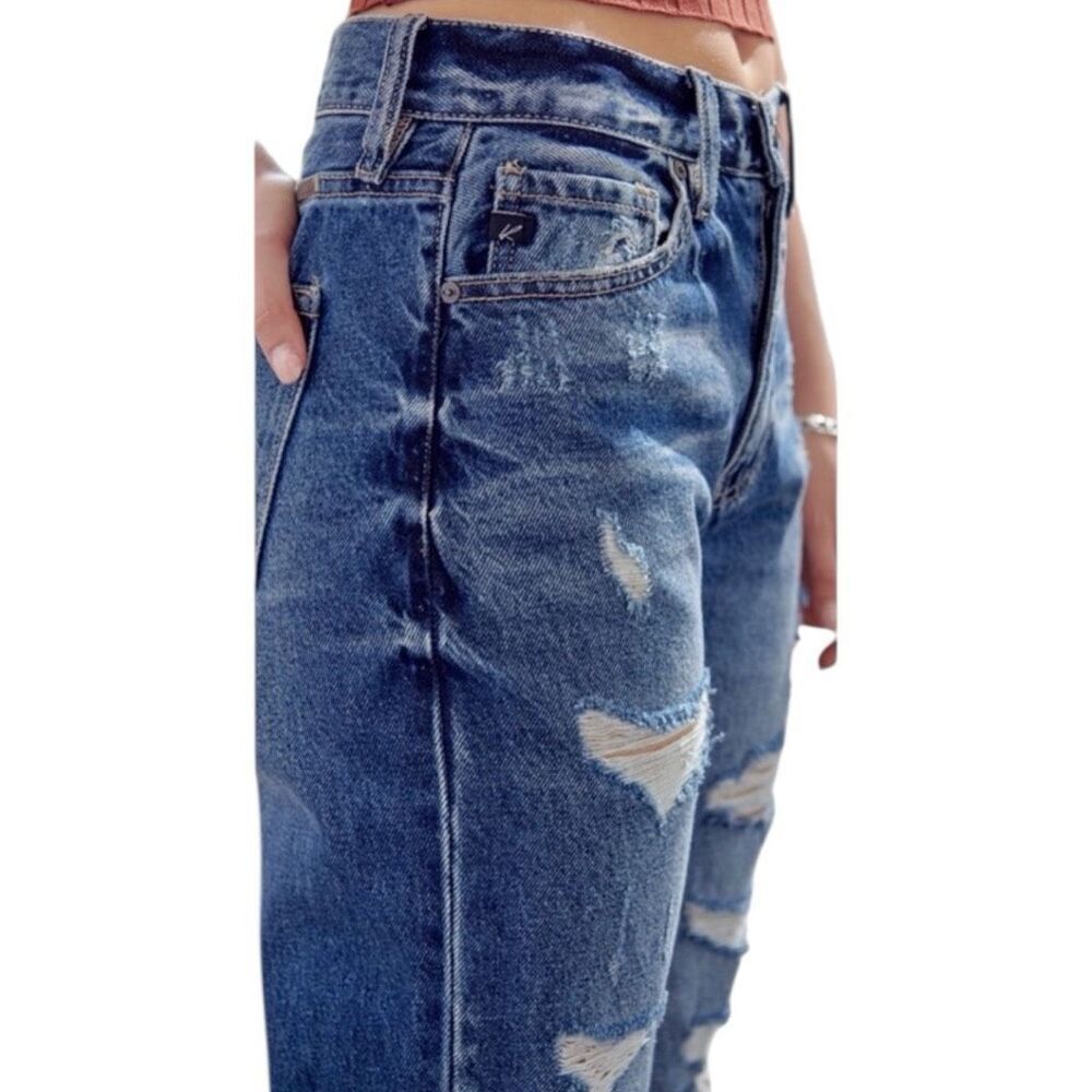 Kancan Ultra High Rise Dark Wash Cropped Distressed Mom Fit Jeans 15/31 NWT - Picture 14 of 16